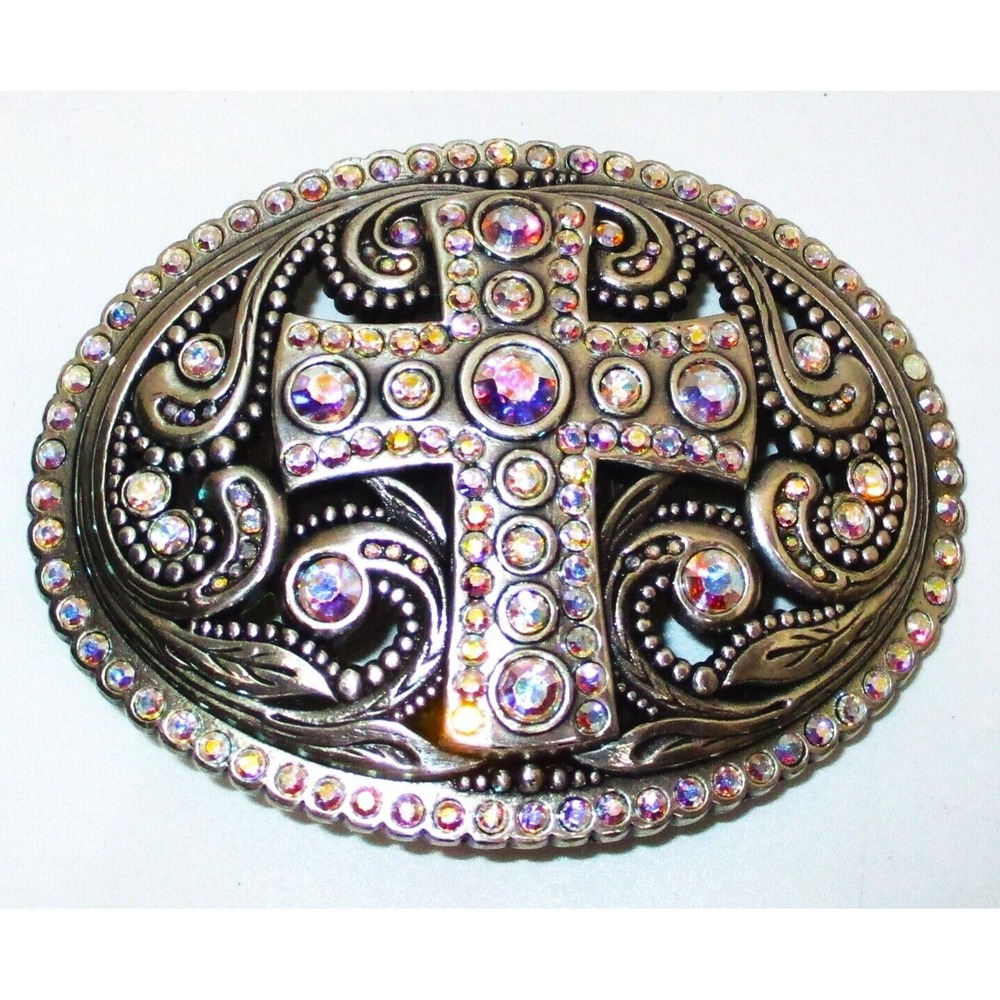 Perforated Oval Rhinestone - Cross & Flower Engraving Belt Buckle